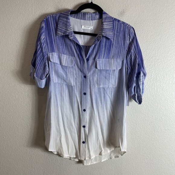 NEW Equipment Womens Medium Biro Blue Multi Short Sleeve 100% Silk Shirt Blouse - Picture 8 of 10